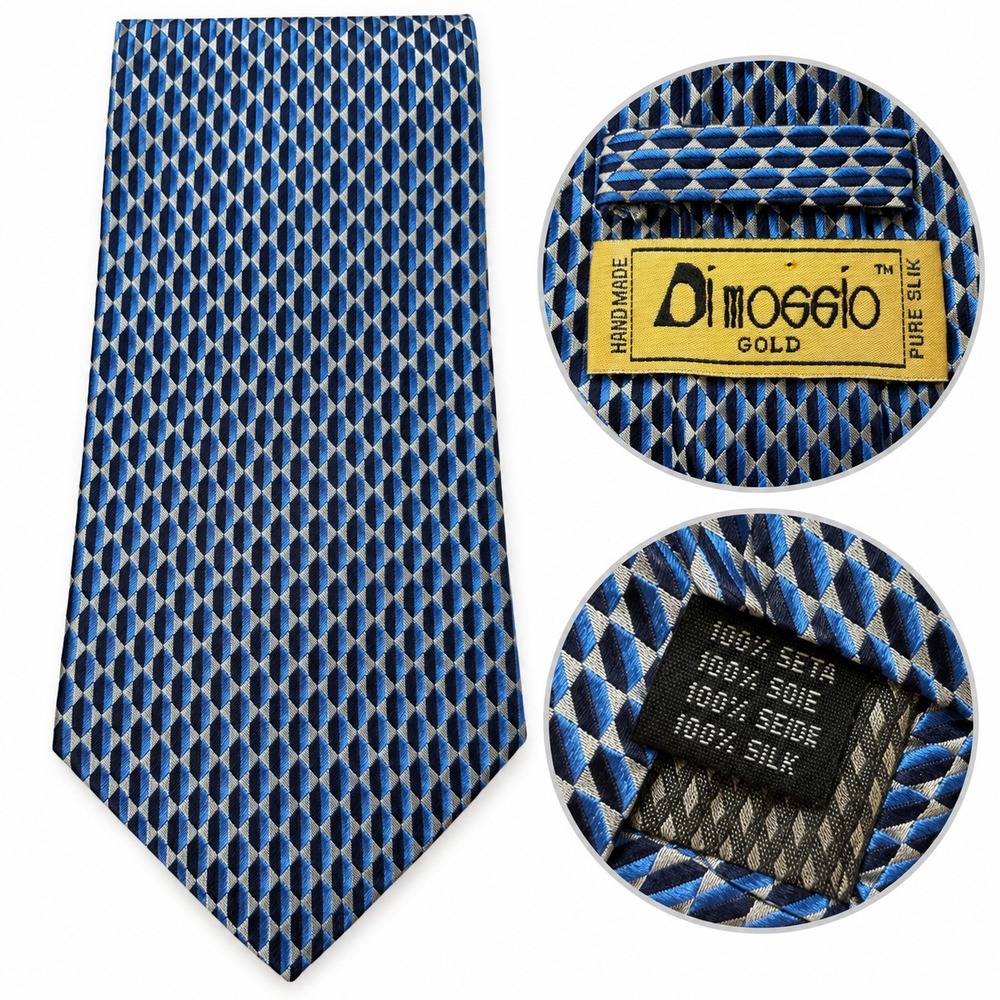 DiMaggio Gold Tie Mens OS Geometric Diamond Blue Silver Handmade Silk Necktie